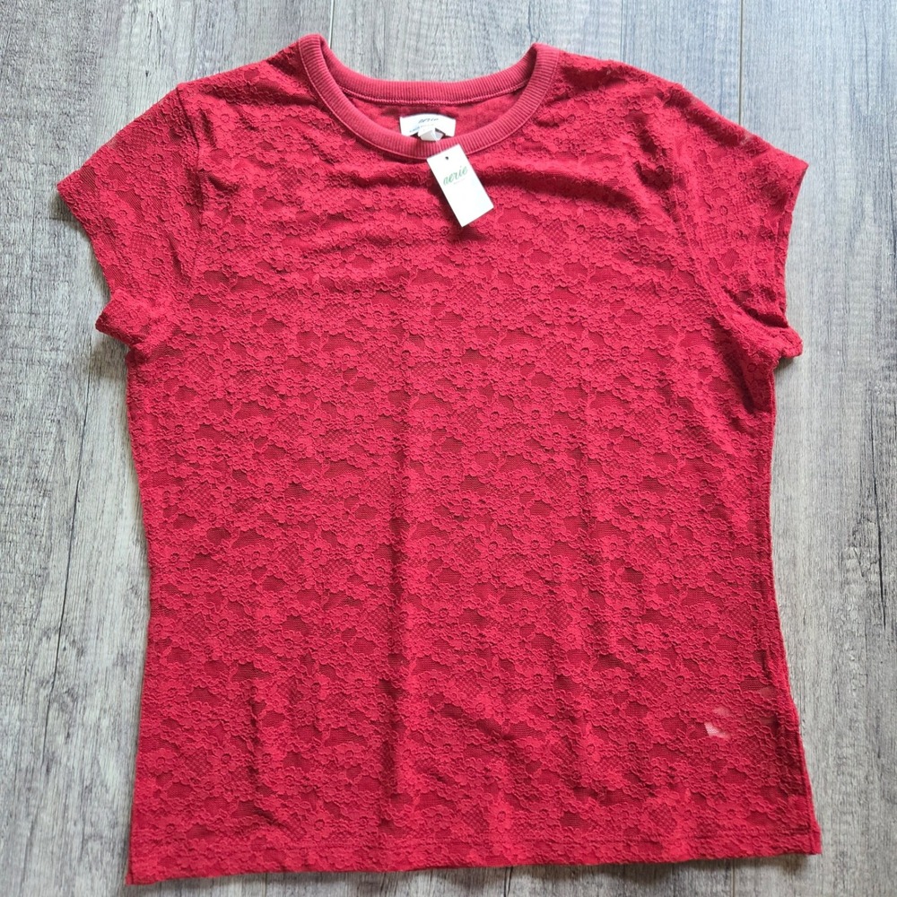 Aerie Womens Red Floral Lace Short Sleeve Crew Neck Sheer Layering Top Small